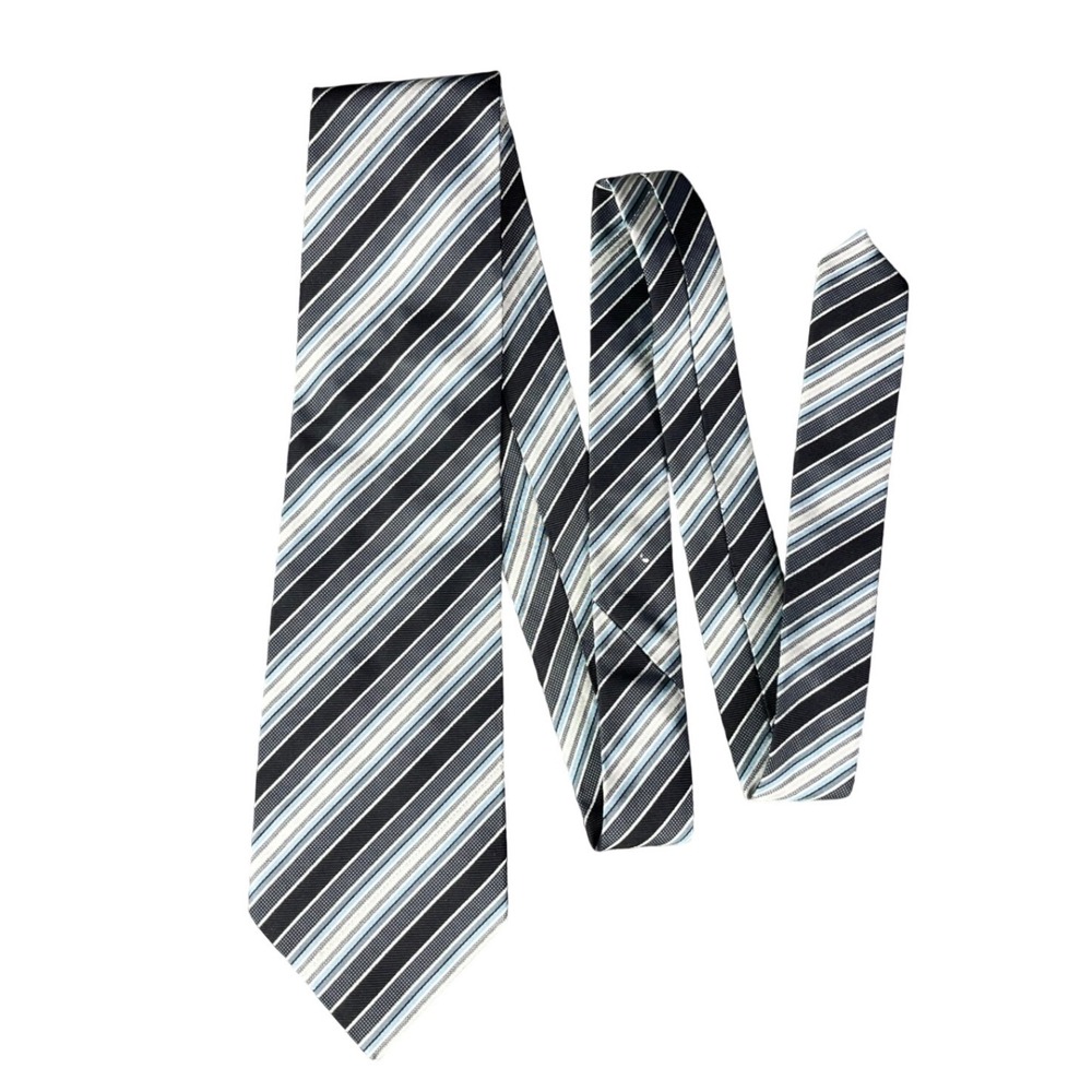 Banana Republic Mens Silk Necktie Black Blue Grey White Diagonal Striped Turkey